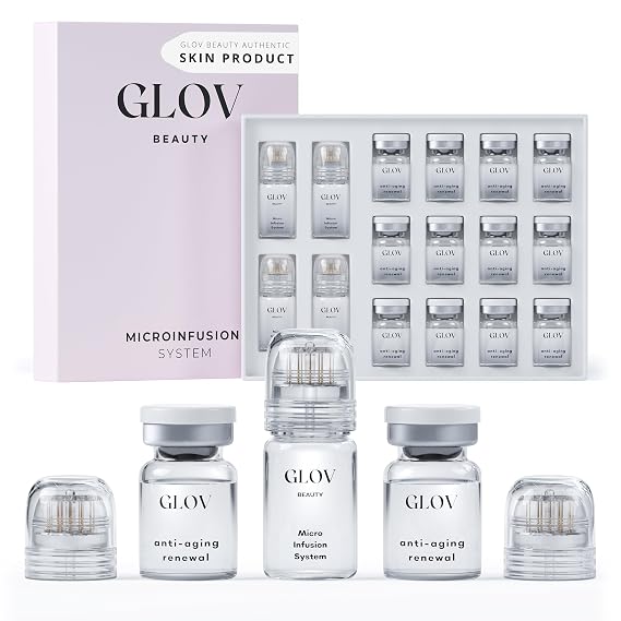 Glov Beauty Micro Infusion System for Face & Lips – 0.25mm 24k Gold Cosmetic Facial Stamp with Hyaluronic Acid, Collagen Peptides & Licorice Root Serum Ampoules (4x Infusion Application, 12x Serums)